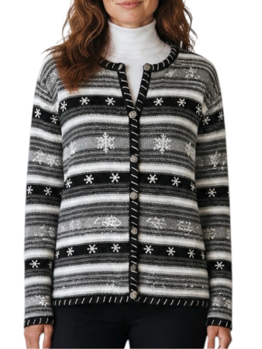CHRISTOPHER & BANKS Black/Gray Striped Snowflake Cardigan Sweater Size L -- Y2K
